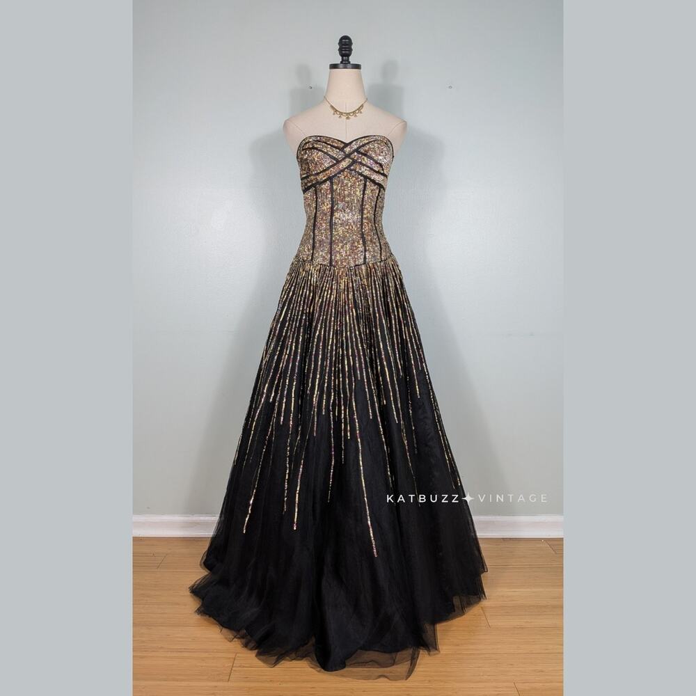 Terani Prom Dress Maxi Gown 6 Black Gold Glam Sequin Ball Princess Y2K Pageant
